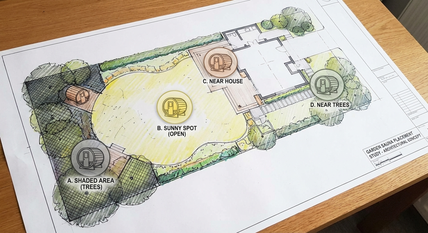 Fasssauna auf Kiesbett im Garten mit markierten Abstandsflächen