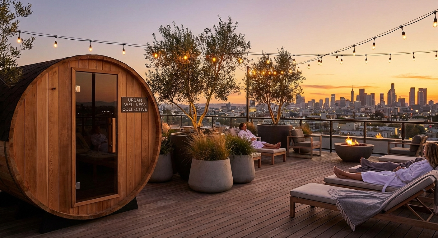 Fasssauna auf einer modernen Dachterrasse mit Stadtblick bei Abendlicht