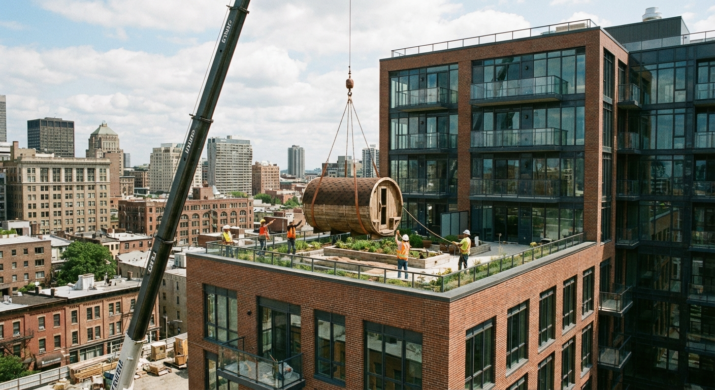 Kran hebt eine Fasssauna auf eine Dachterrasse