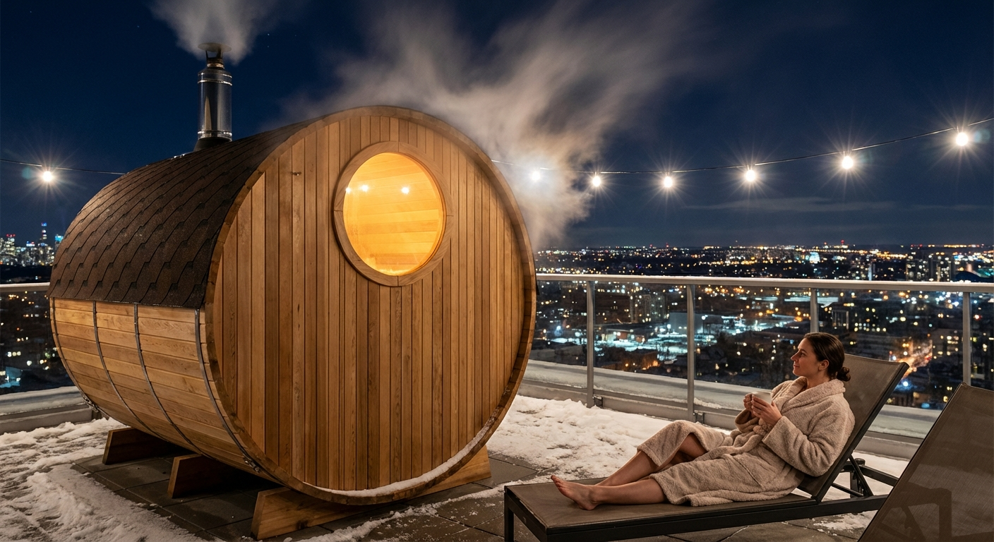 Fasssauna auf Dachterrasse bei Nacht mit Stadtlichtern und Dampf