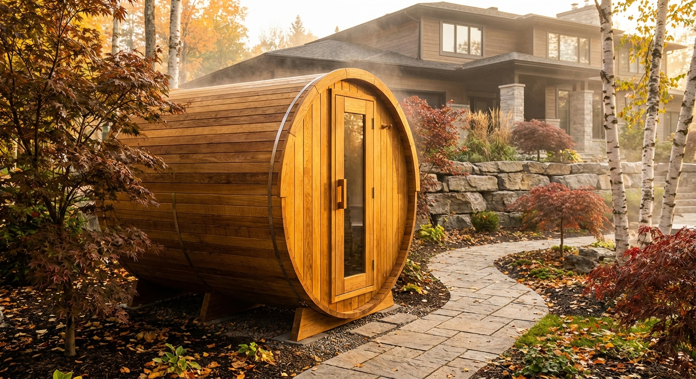 Fasssauna aus massivem Eichenholz in einem gepflegten Garten