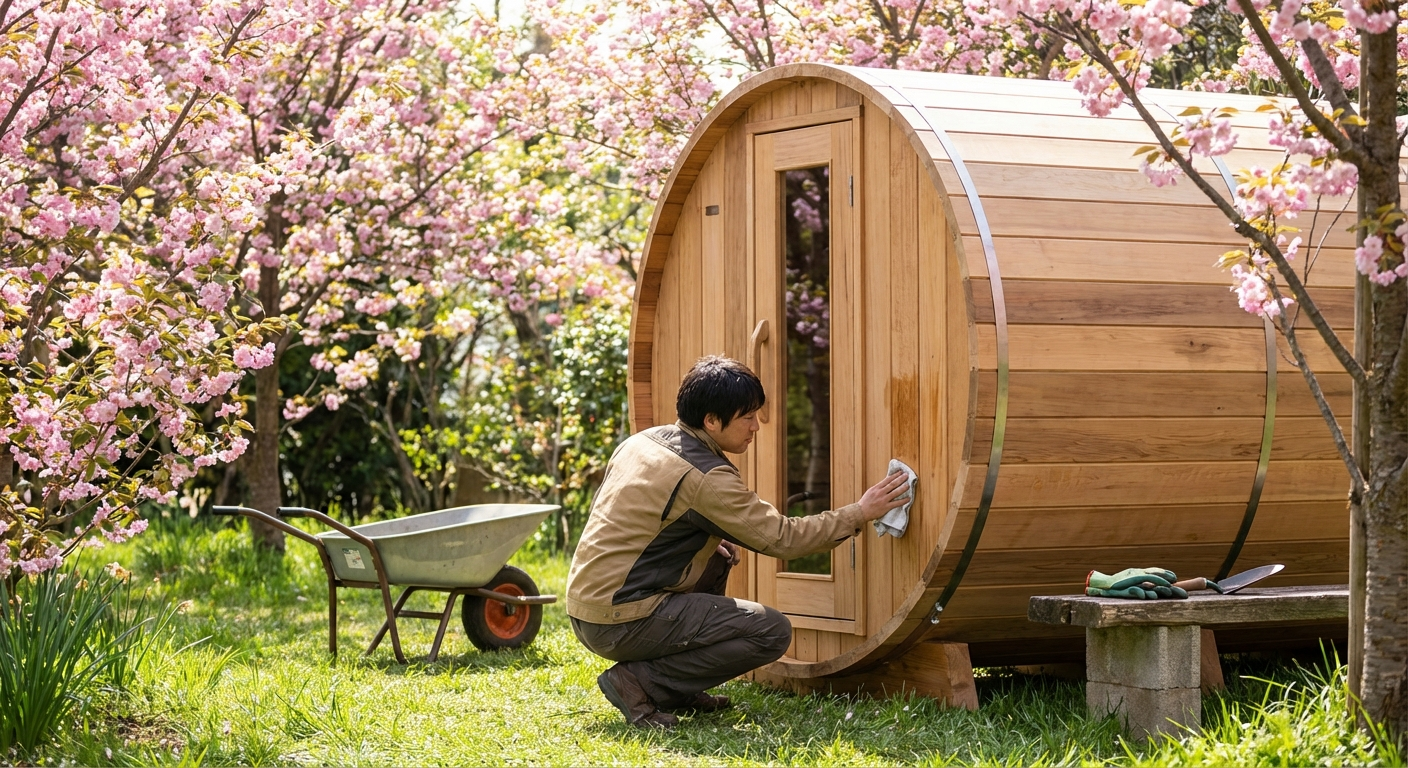 Fasssauna im Frühlingsgarten mit blühenden Bäumen und Sonnenschein