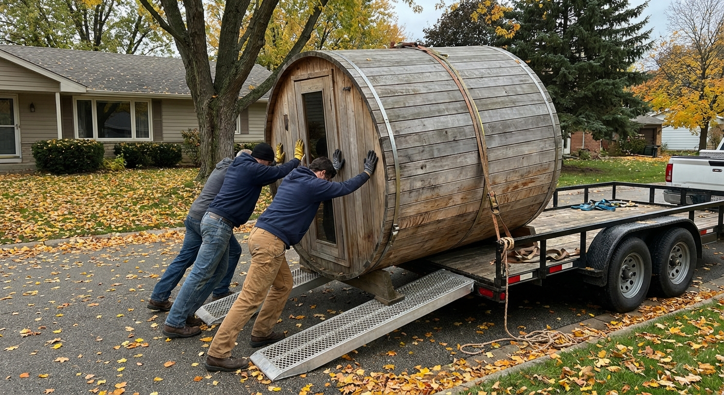 Gebrauchte Fasssauna wird auf einem Anhänger transportiert