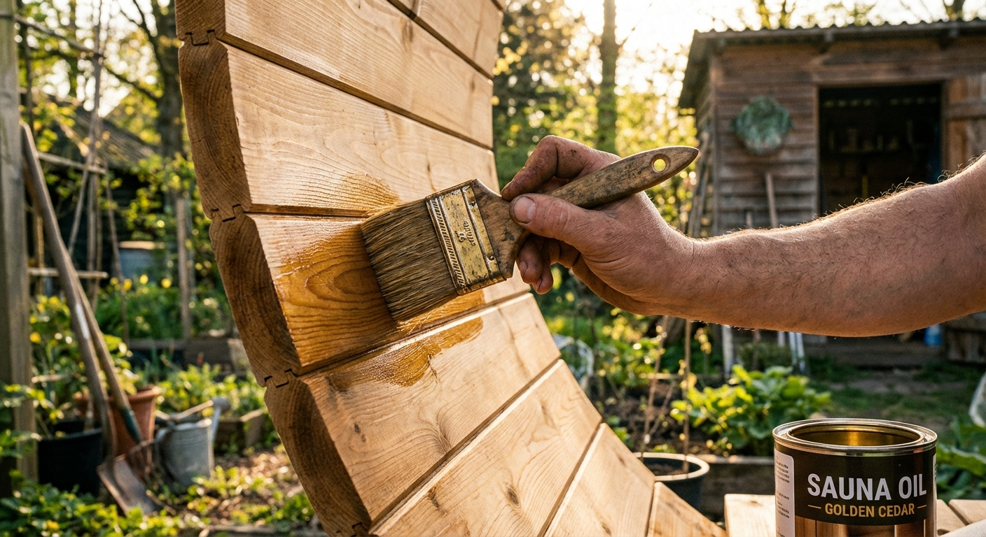 Hand mit Pinsel trägt Holzöl auf Fasssauna-Oberfläche auf