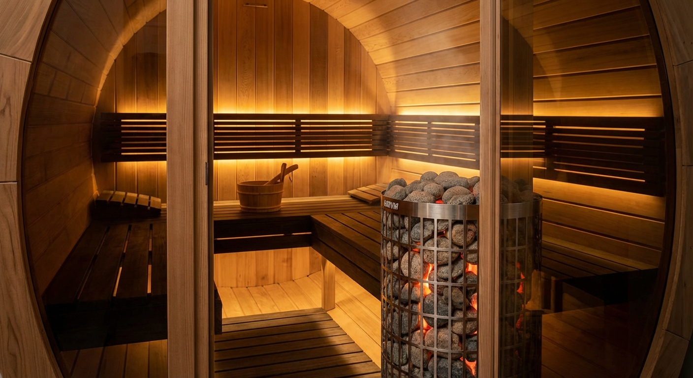 9 kW Saunaofen in einer Fasssauna mit glühenden Saunasteinen