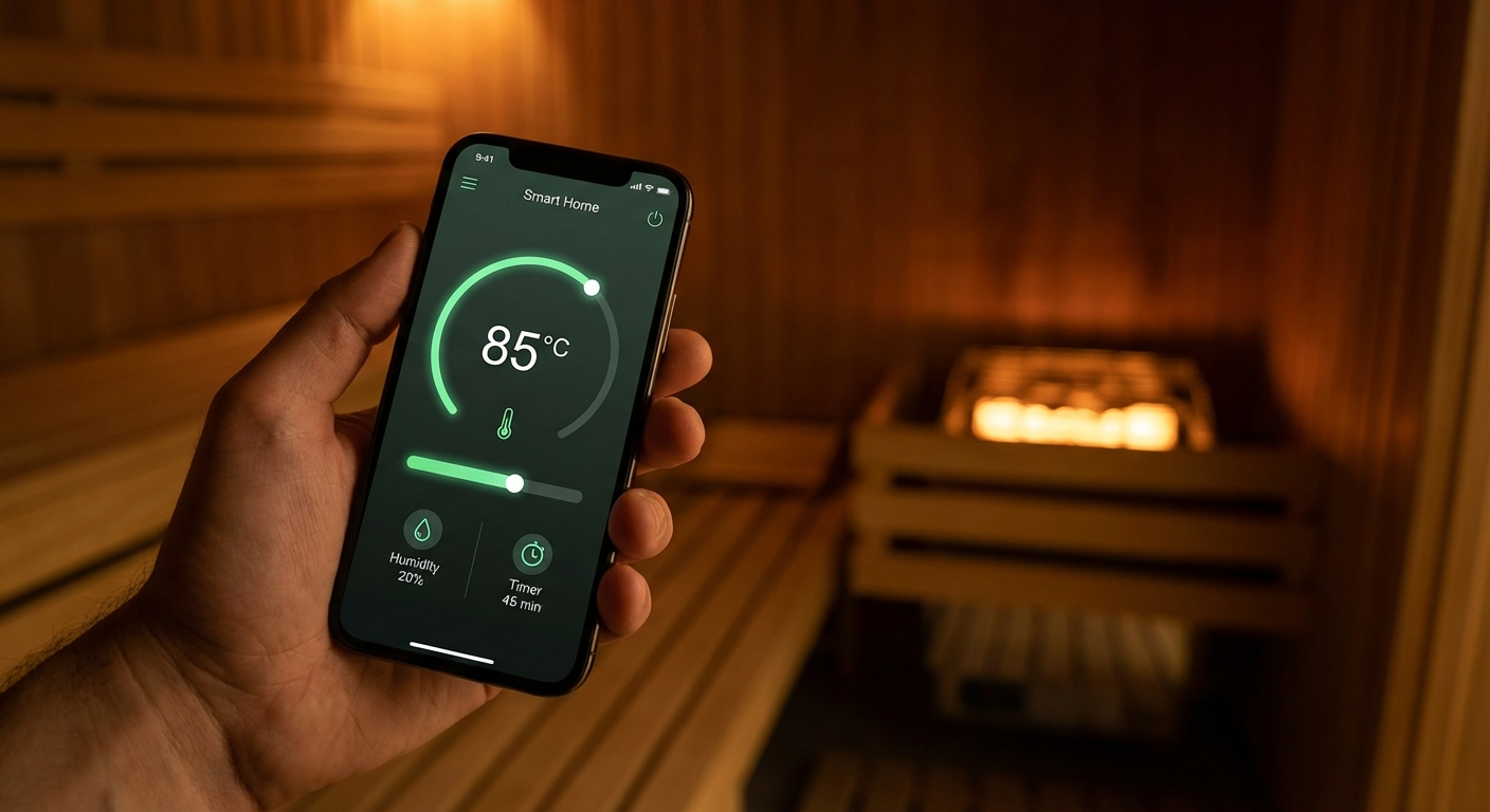 Smartphone mit Sauna-Steuerungs-App — Temperatur und Timer fernsteuern