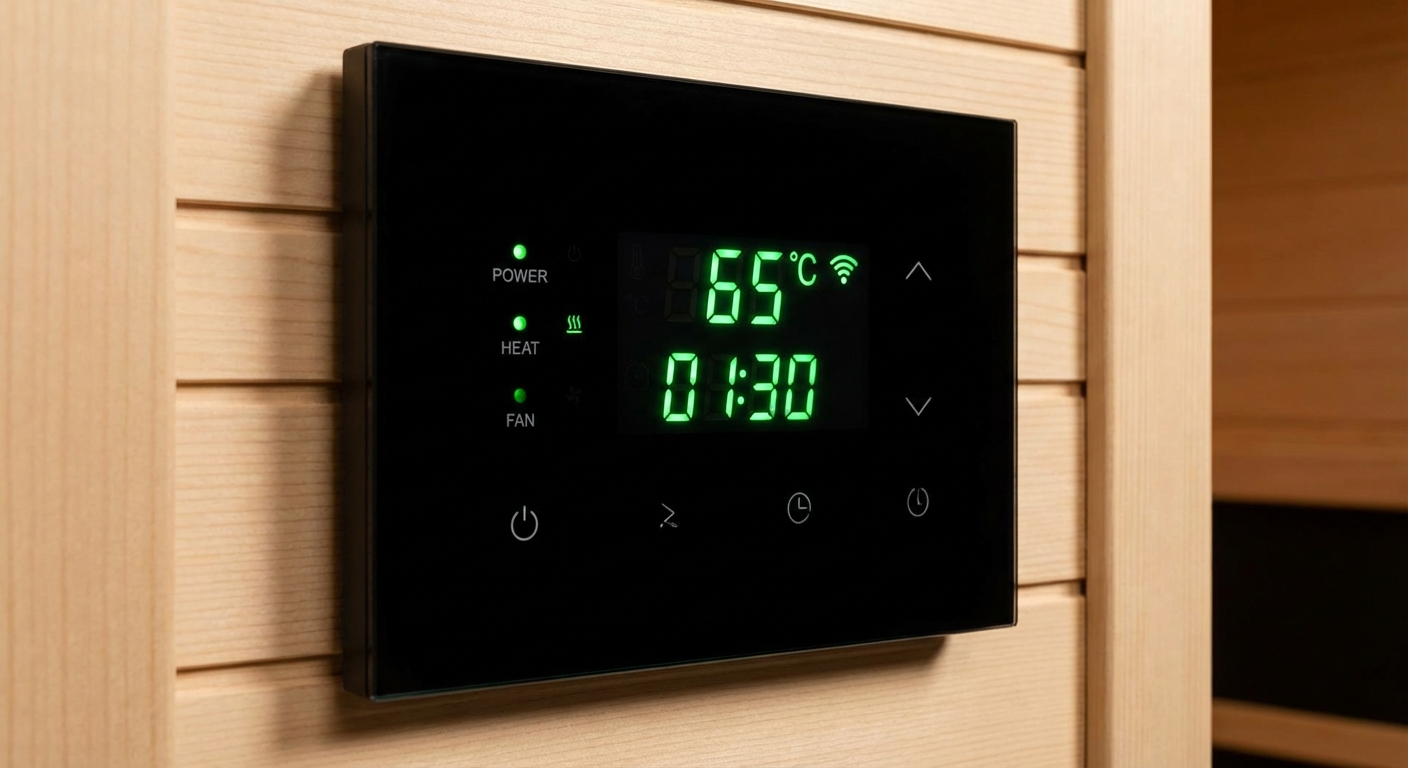 Moderne Sauna-Steuerung mit digitalem Display und WiFi-Symbol