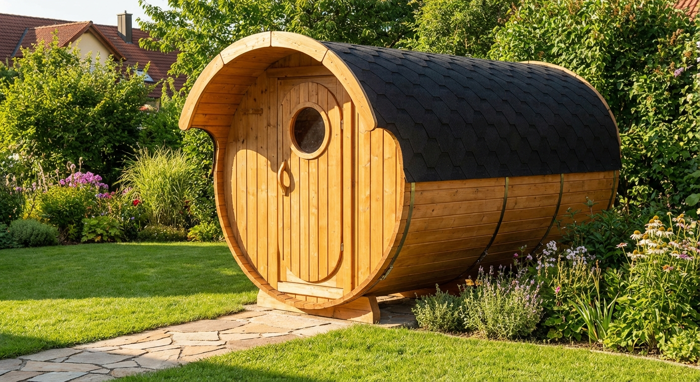 Wolff Finnhaus Saunafass im Garten