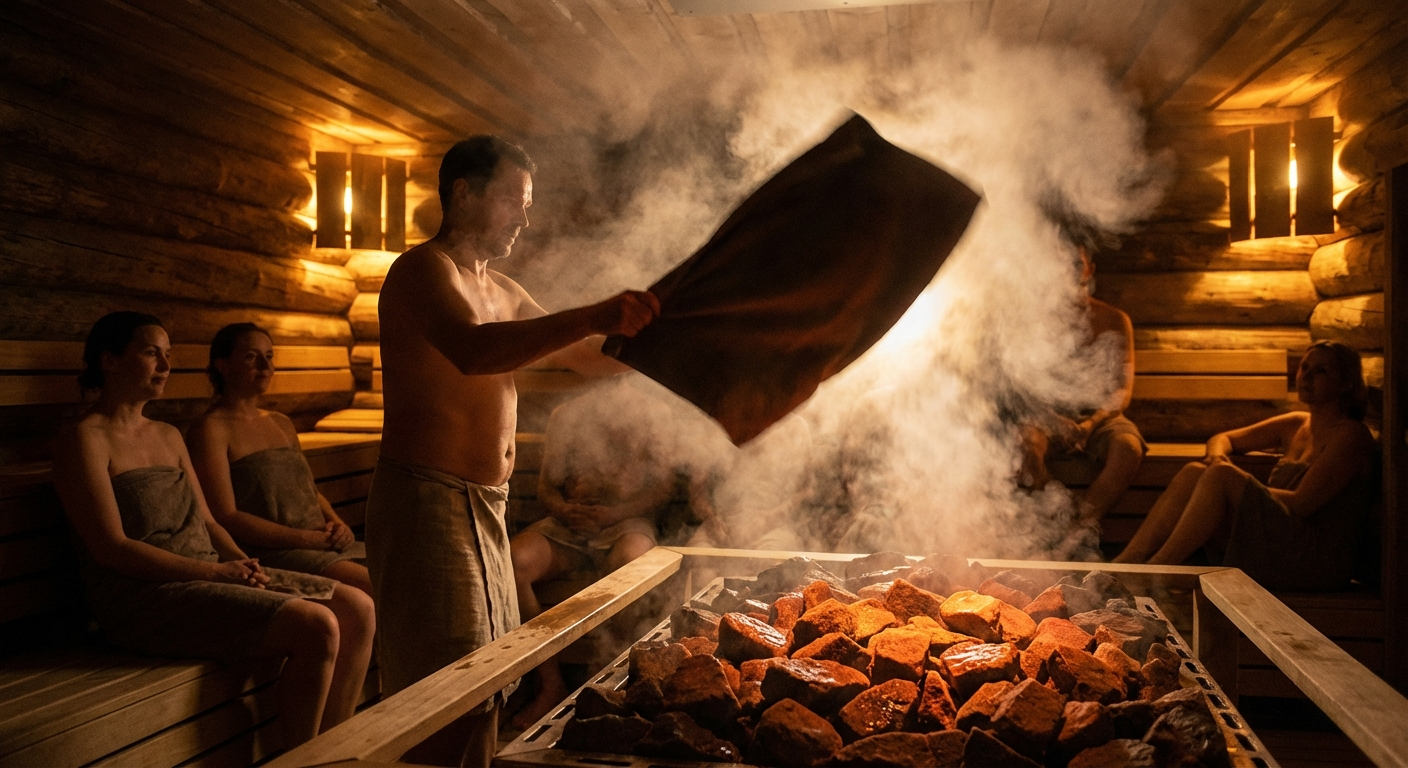 Professional aufguss master performing towel-waving ritual in sauna