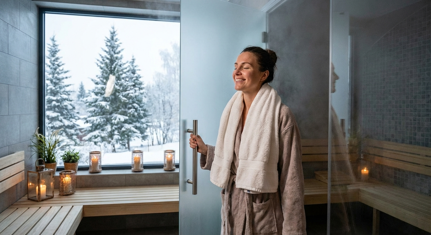 Person mit Handtuch um den Hals betritt ein Dampfbad, draußen winterliche Atmosphäre