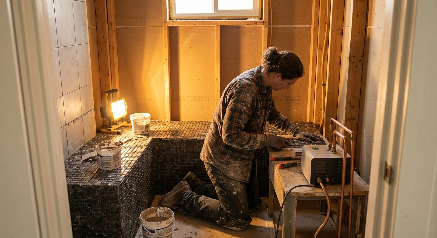 Dampfbad im Bau: Fliesen werden im kleinen Raum verlegt, Dampfgenerator sichtbar