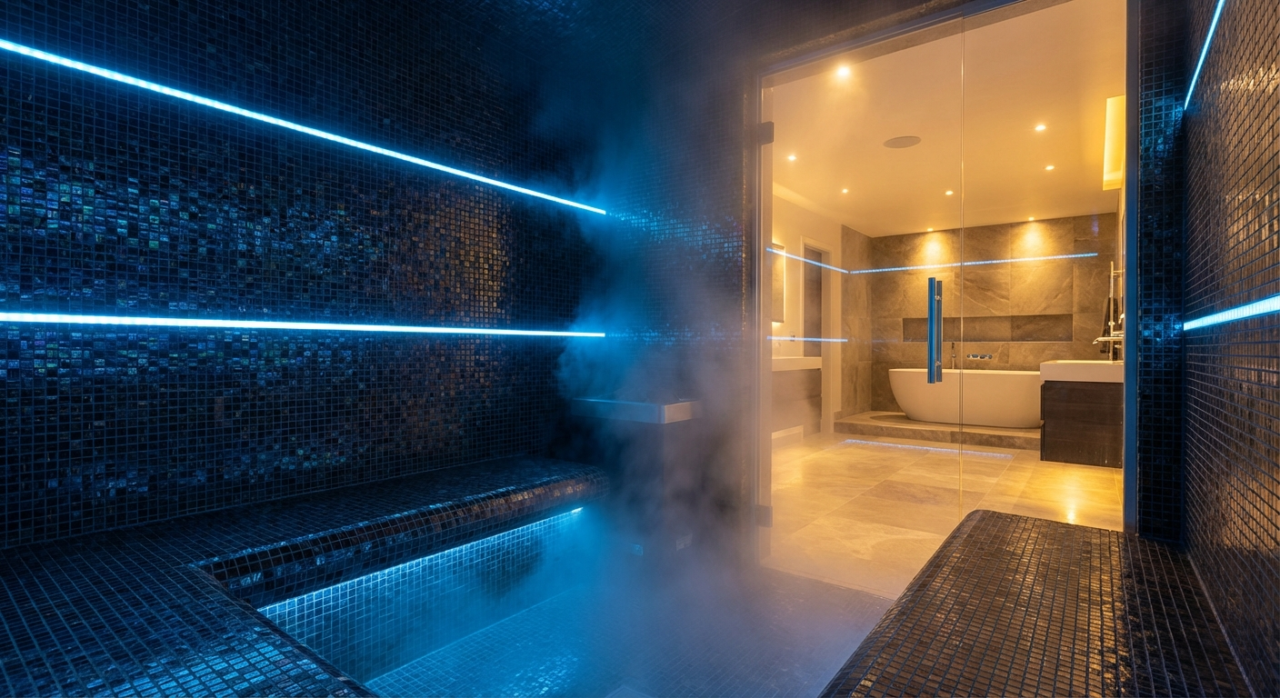 Modernes Dampfbad im Badezimmer mit blauen LED-Lichtern, Mosaik-Fliesen und Glasfront
