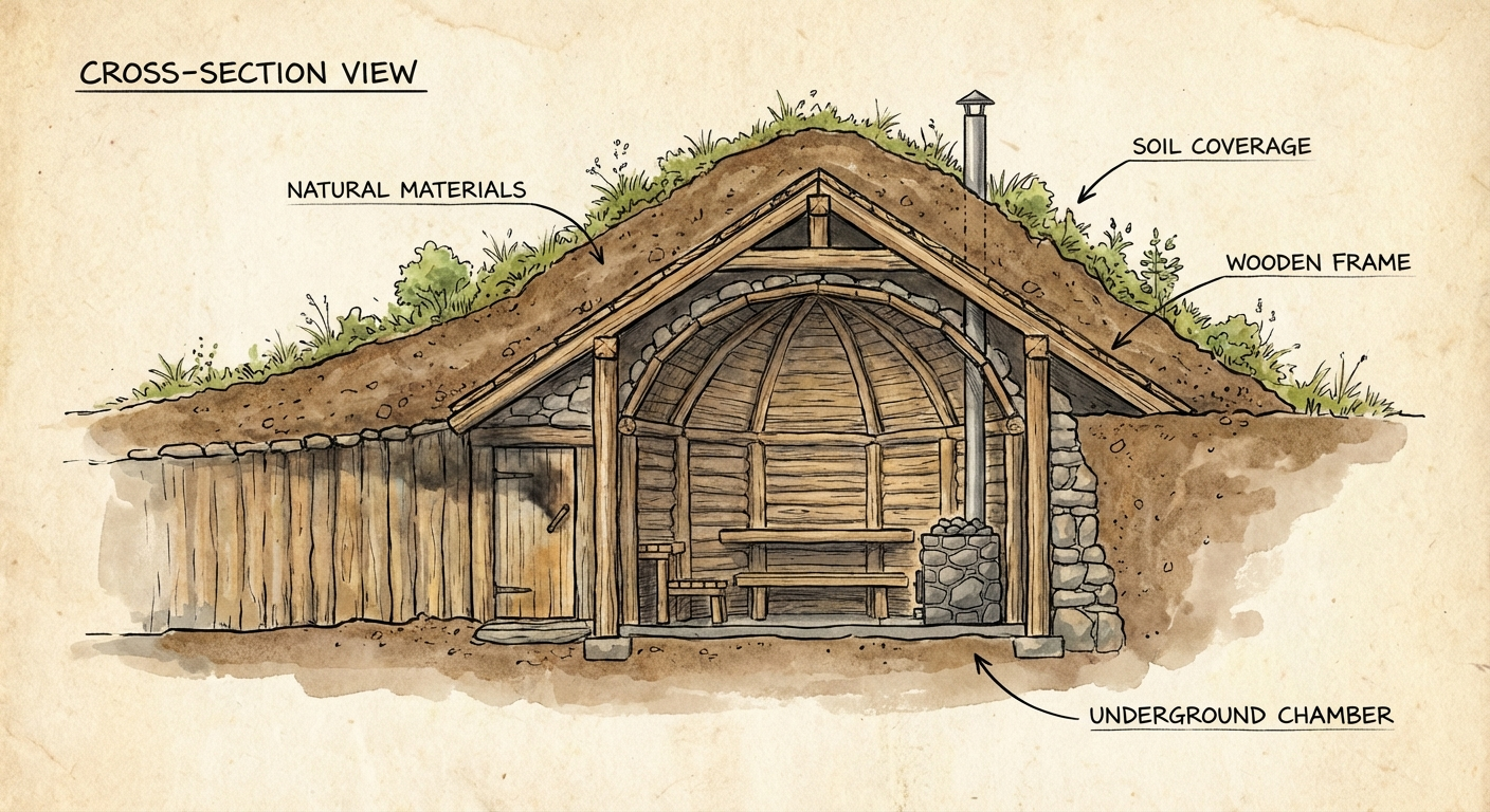 Bauweise einer Erdsauna — in den Hügel gegrabene Kammer mit Steinheizung