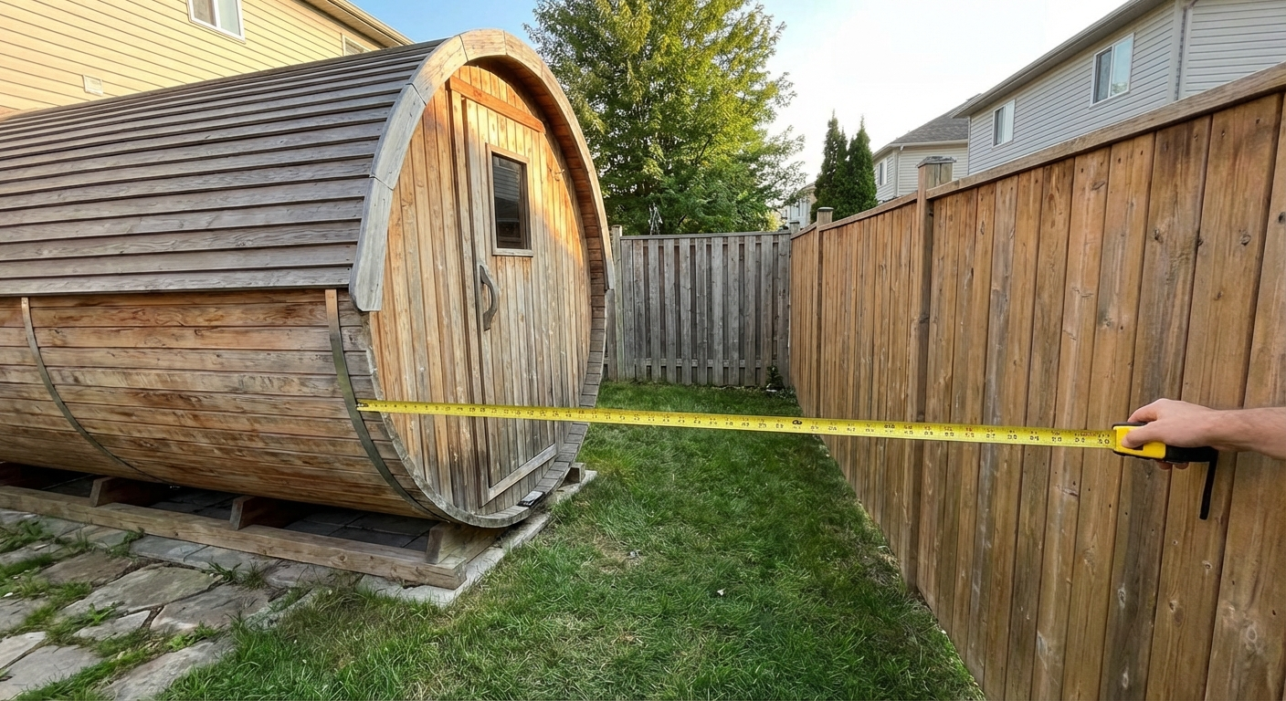 Fasssauna mit korrektem Abstand zum Nachbarzaun im Garten