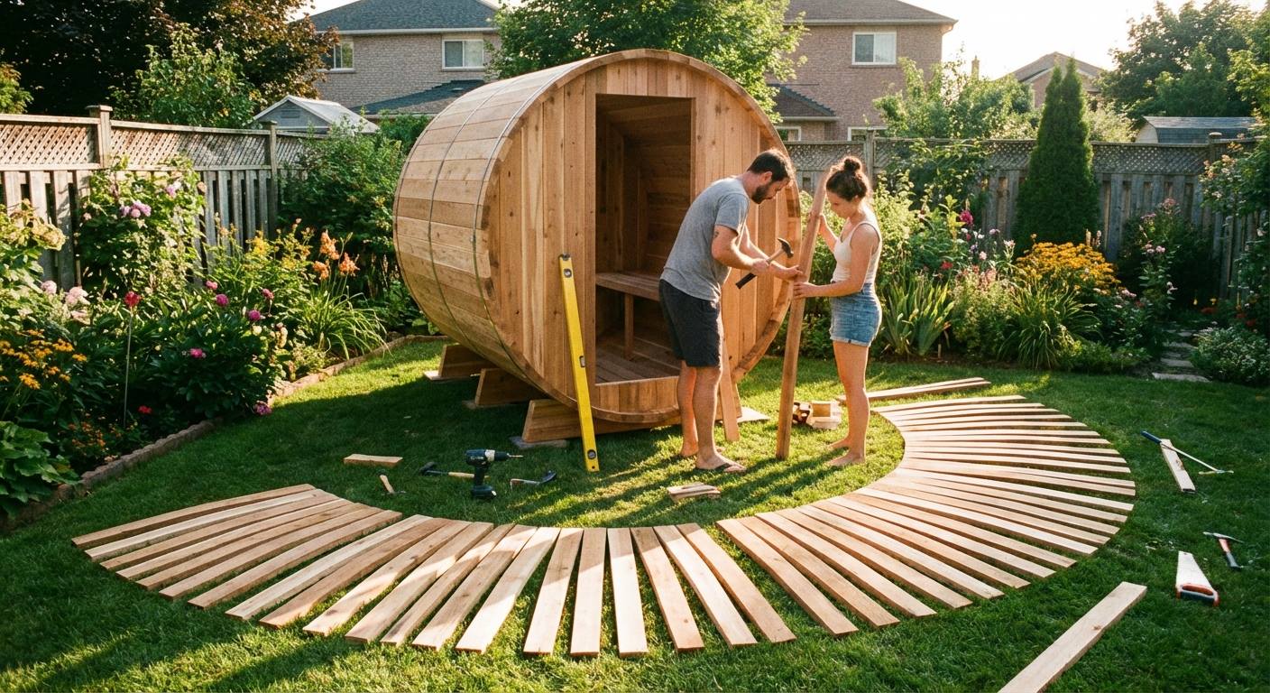 Fasssauna Aufbau im Garten — zwei Personen montieren die Dauben