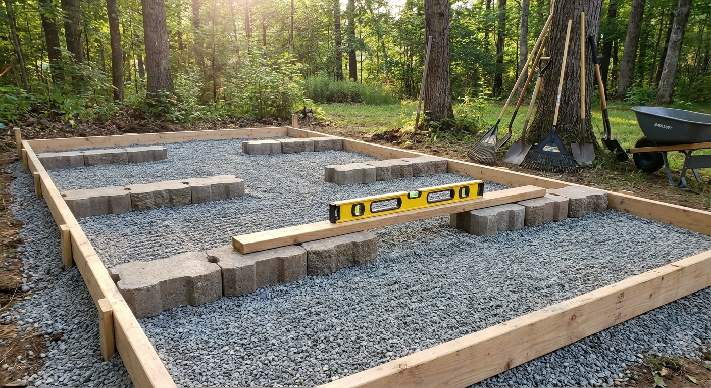 Foundation preparation for barrel sauna: leveled gravel bed with concrete blocks