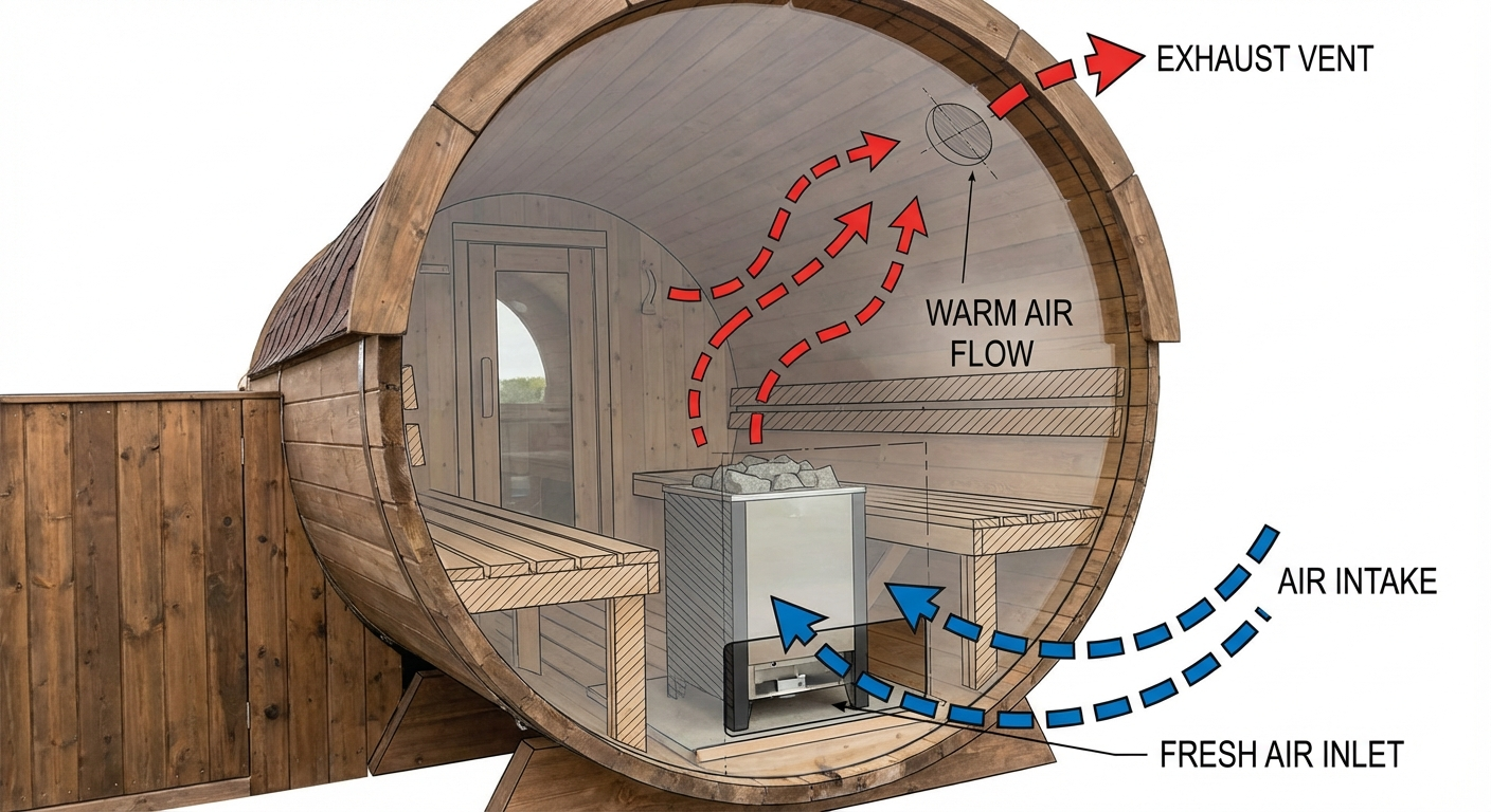 Cross-section diagram style photo of barrel sauna ventilation