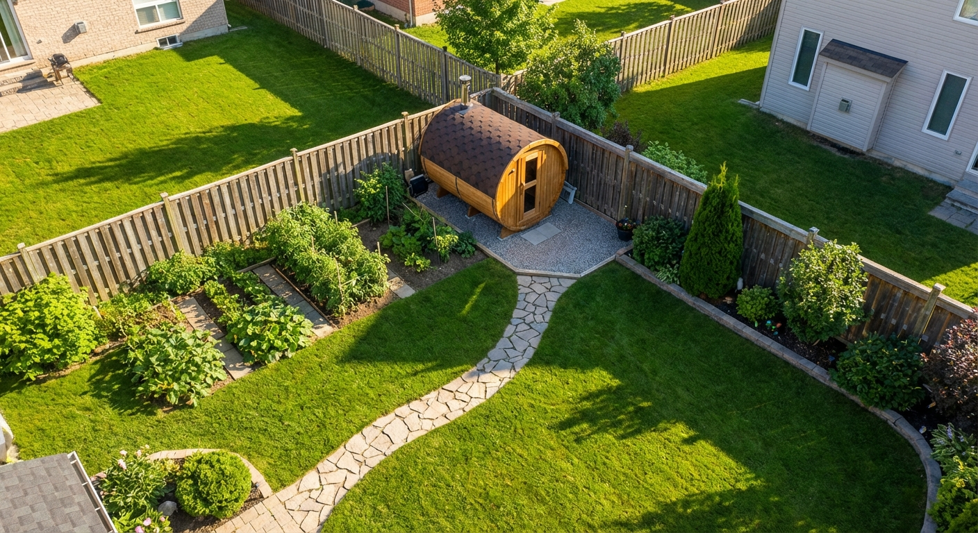 Aerial view of residential garden with barrel sauna properly positioned per regulations