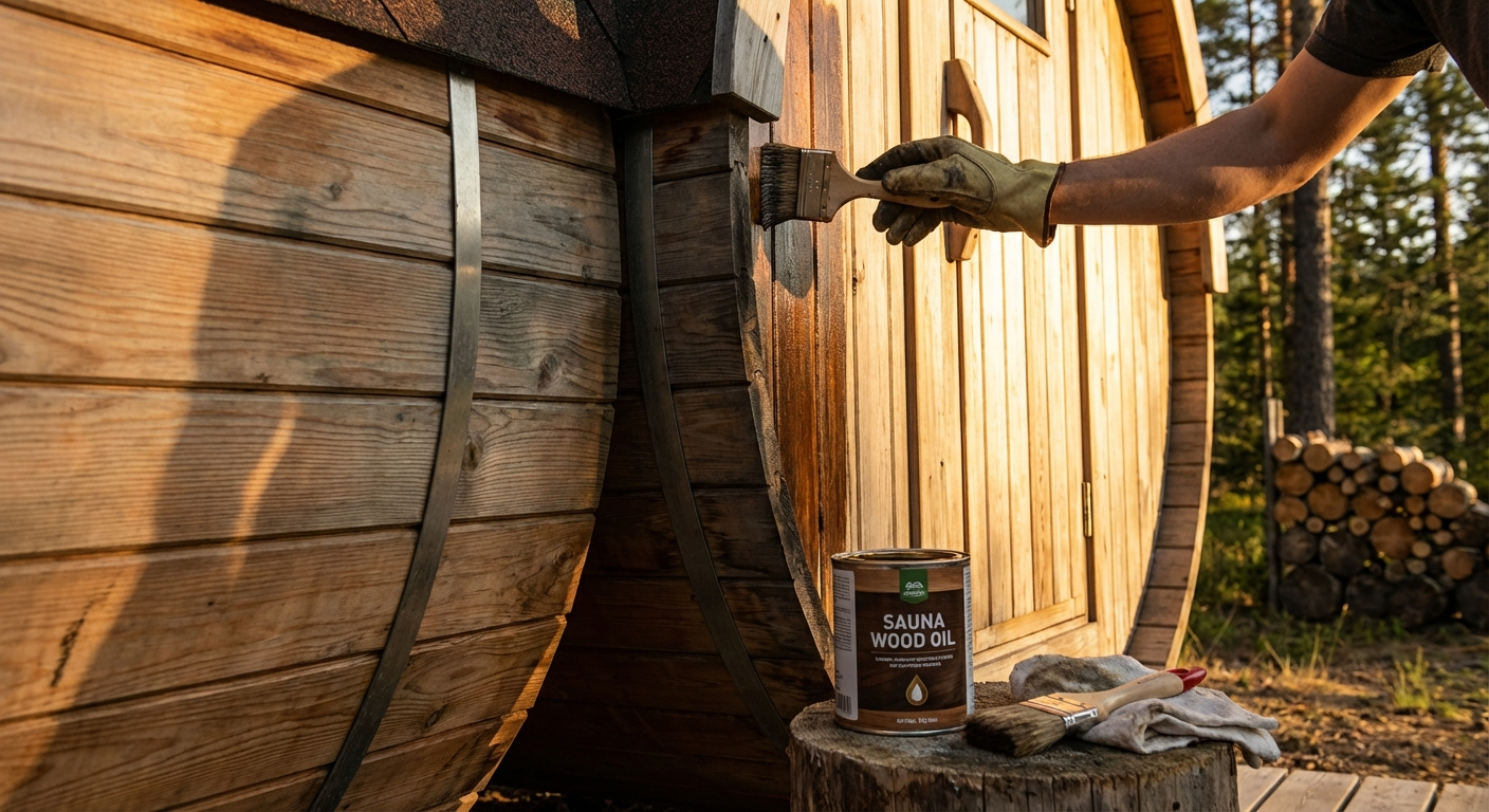 Hand applying protective oil to barrel sauna wood with a brush