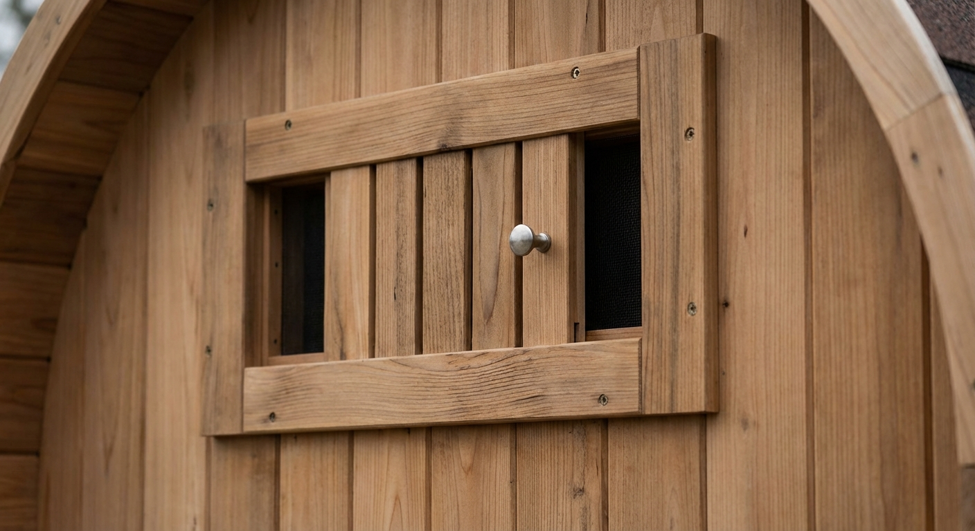Close-up of adjustable wooden ventilation slider on barrel sauna wall