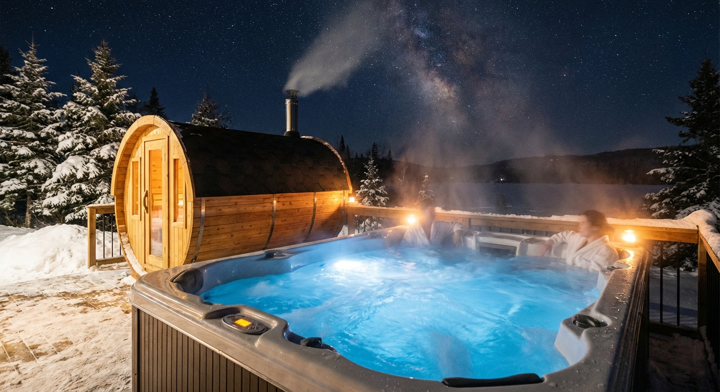 Fasssauna und Whirlpool im Garten