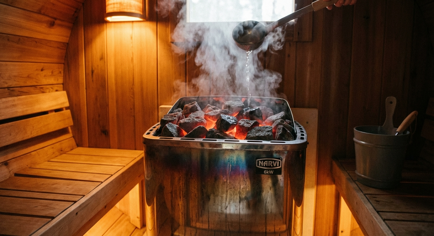 Close-up of a 6kW sauna heater with glowing stones in a wooden barrel sauna