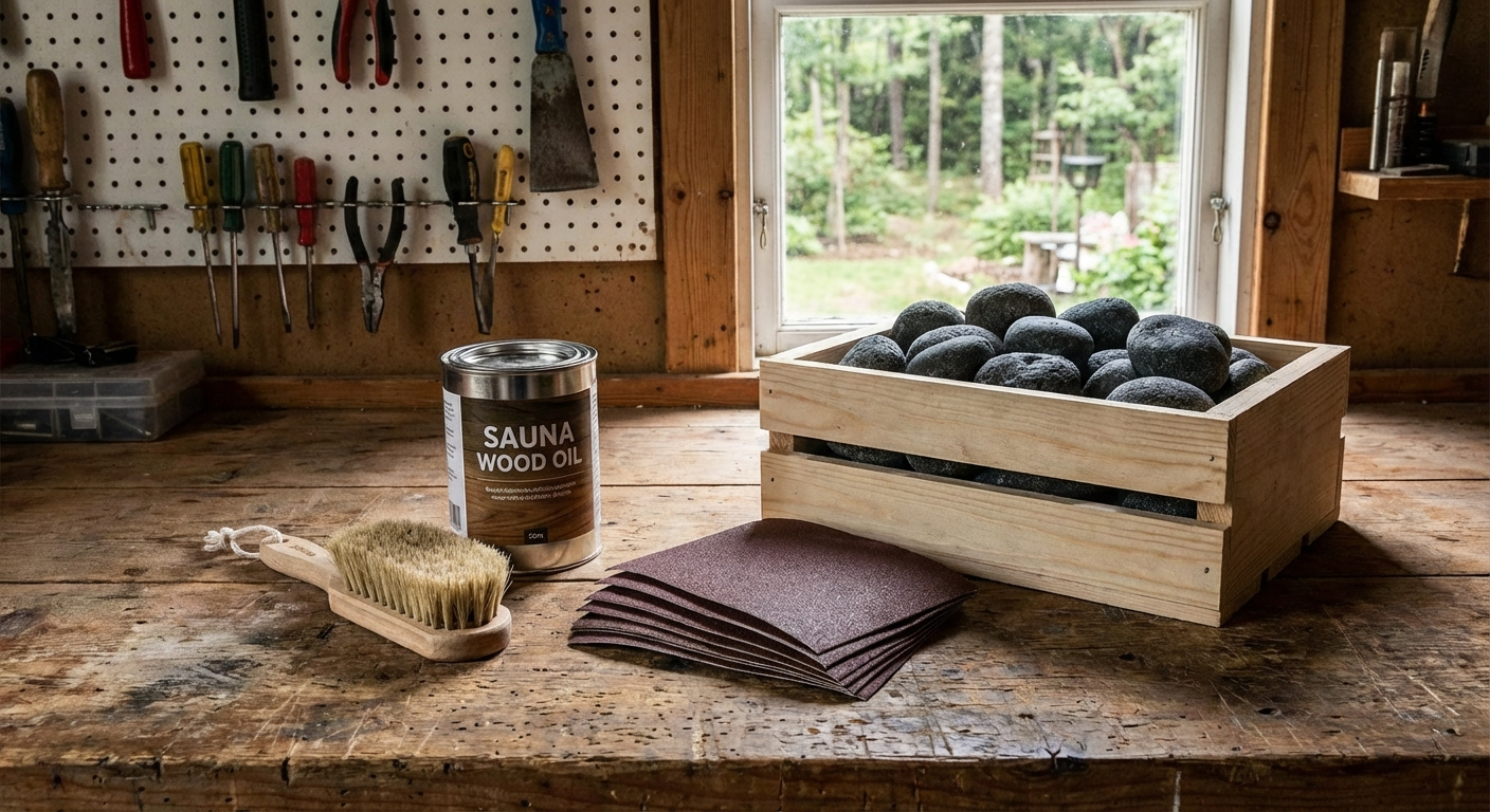 Maintenance supplies for barrel sauna: wood oil