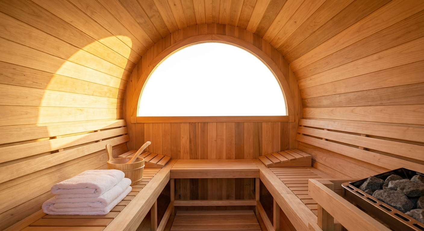 Spotlessly clean barrel sauna interior