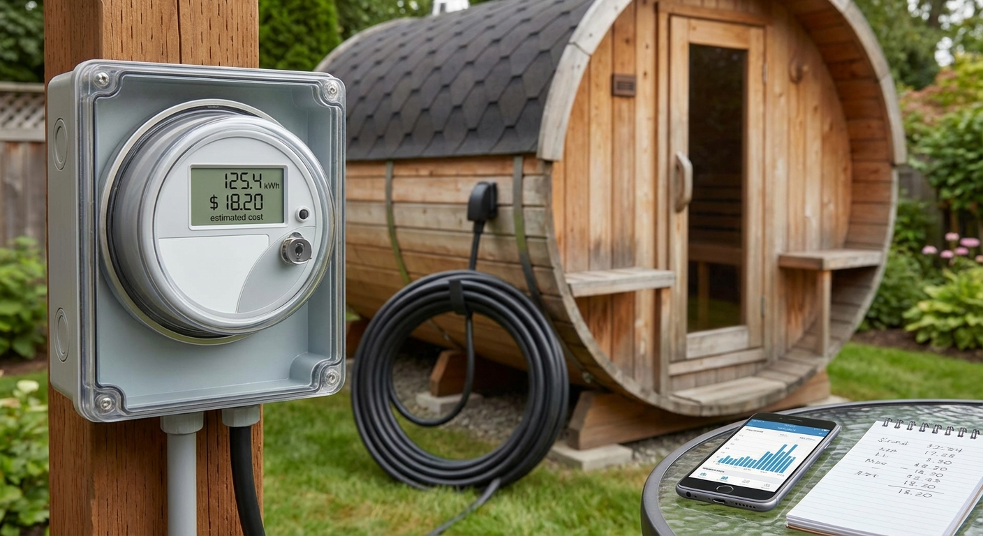 Smart electricity meter showing kWh consumption next to barrel sauna power cable