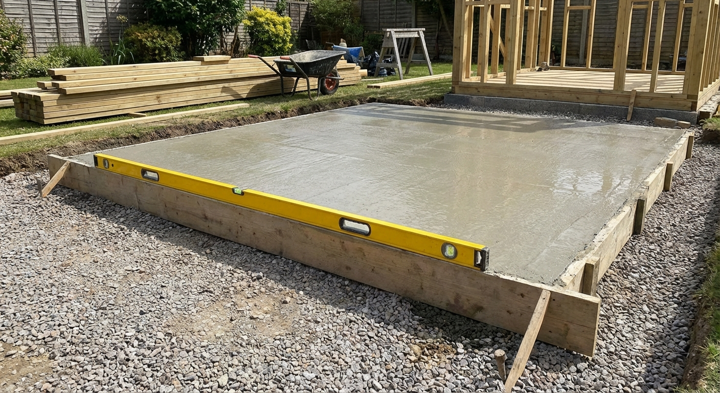 Vorbereitung eines Betonfundaments für eine Gartensauna mit Schotterbasis und Wasserwaage