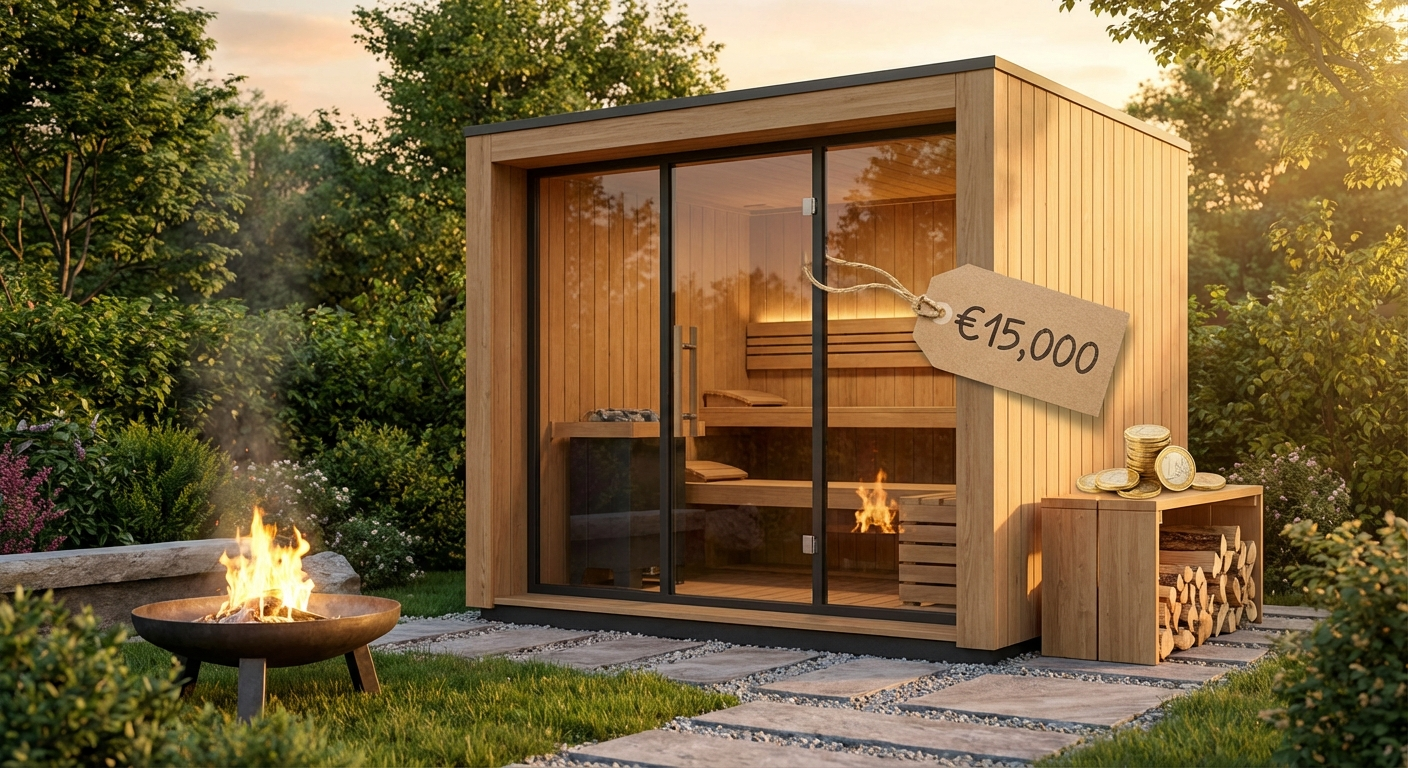 Moderne Gartensauna in einem gepflegten Garten mit Euro-Münzen als Kostenkonzept