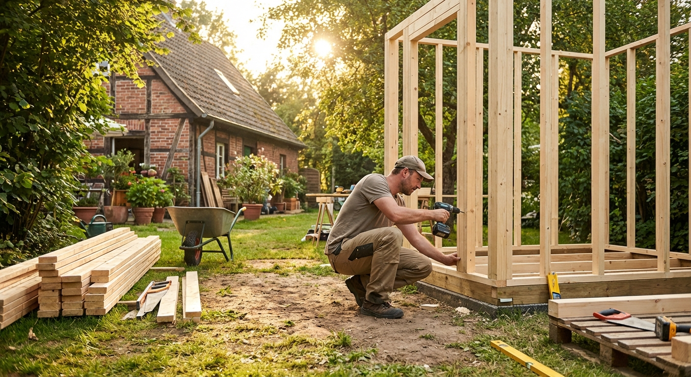 Gartensauna im Rohbau mit sichtbarer Holzkonstruktion und Werkzeug