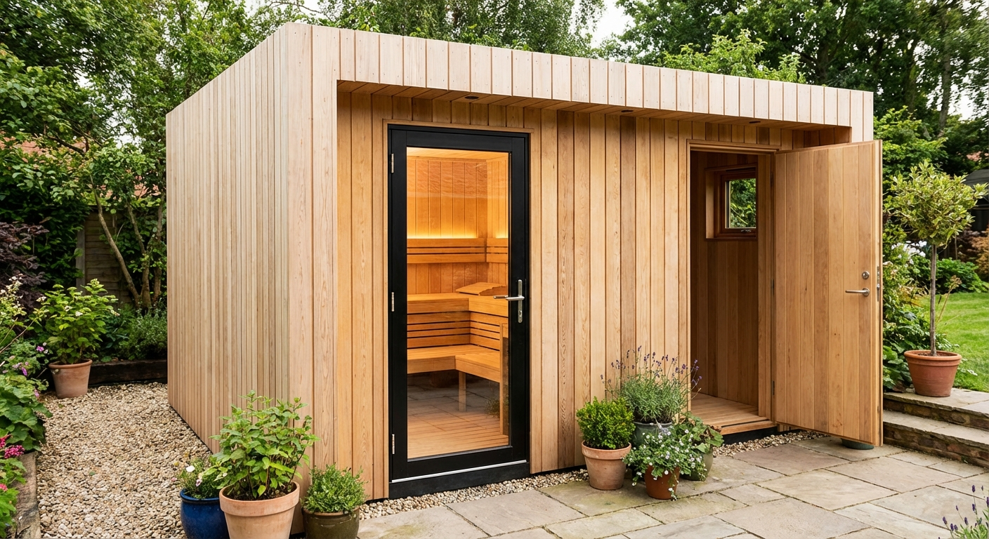 Gartensauna mit angeschlossenem Vorraum als Umkleide- und Ruhebereich