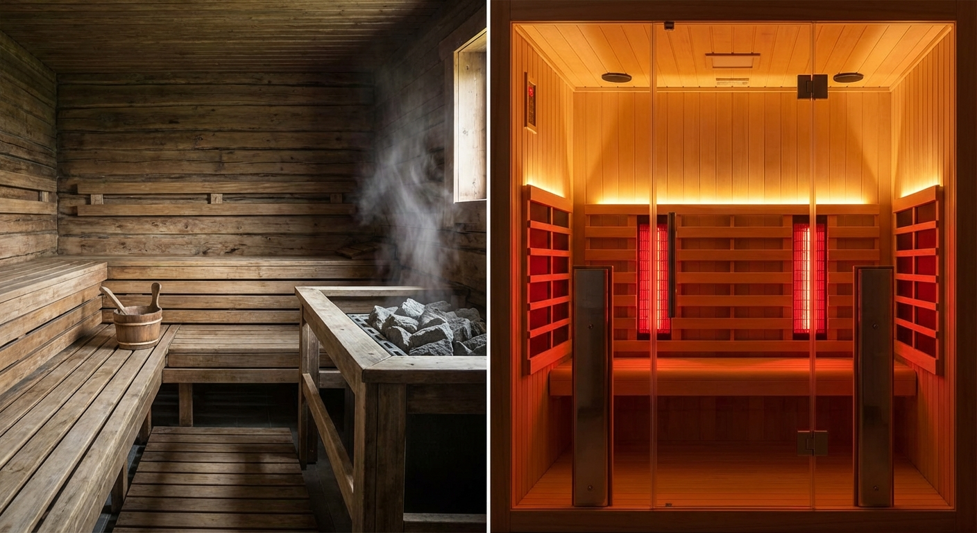 Vergleich: Finnische Sauna mit Dampf links, Infrarotkabine mit rotem Licht rechts
