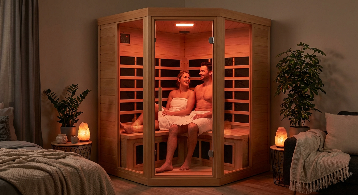Kompakte Infrarotsauna für zwei Personen mit warmem Holz und rotem Infrarotlicht