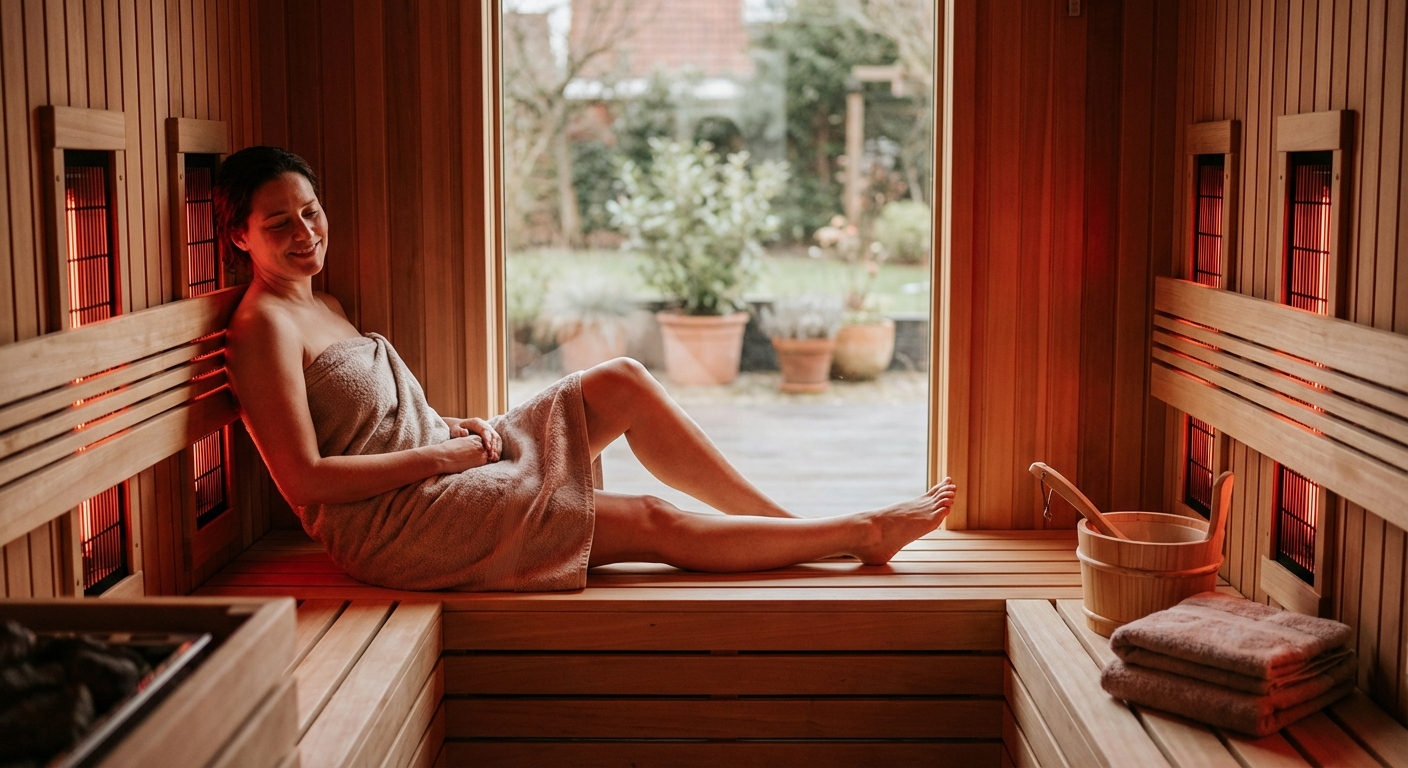 Person entspannt in einer Infrarotsauna mit warmem Rotlicht — Gesundheit und Wohlbefinden
