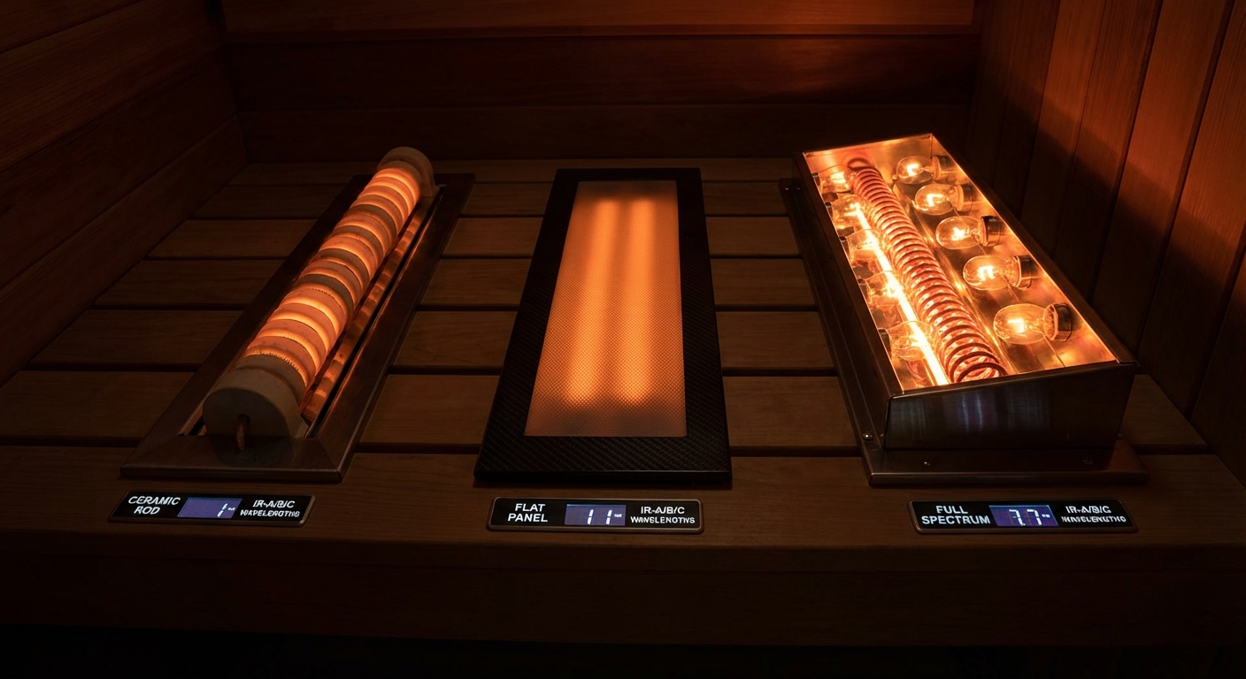 Drei verschiedene Infrarot-Strahlertypen nebeneinander: Keramikstab, Flächenpaneel und Vollspektrum-Halogenröhre