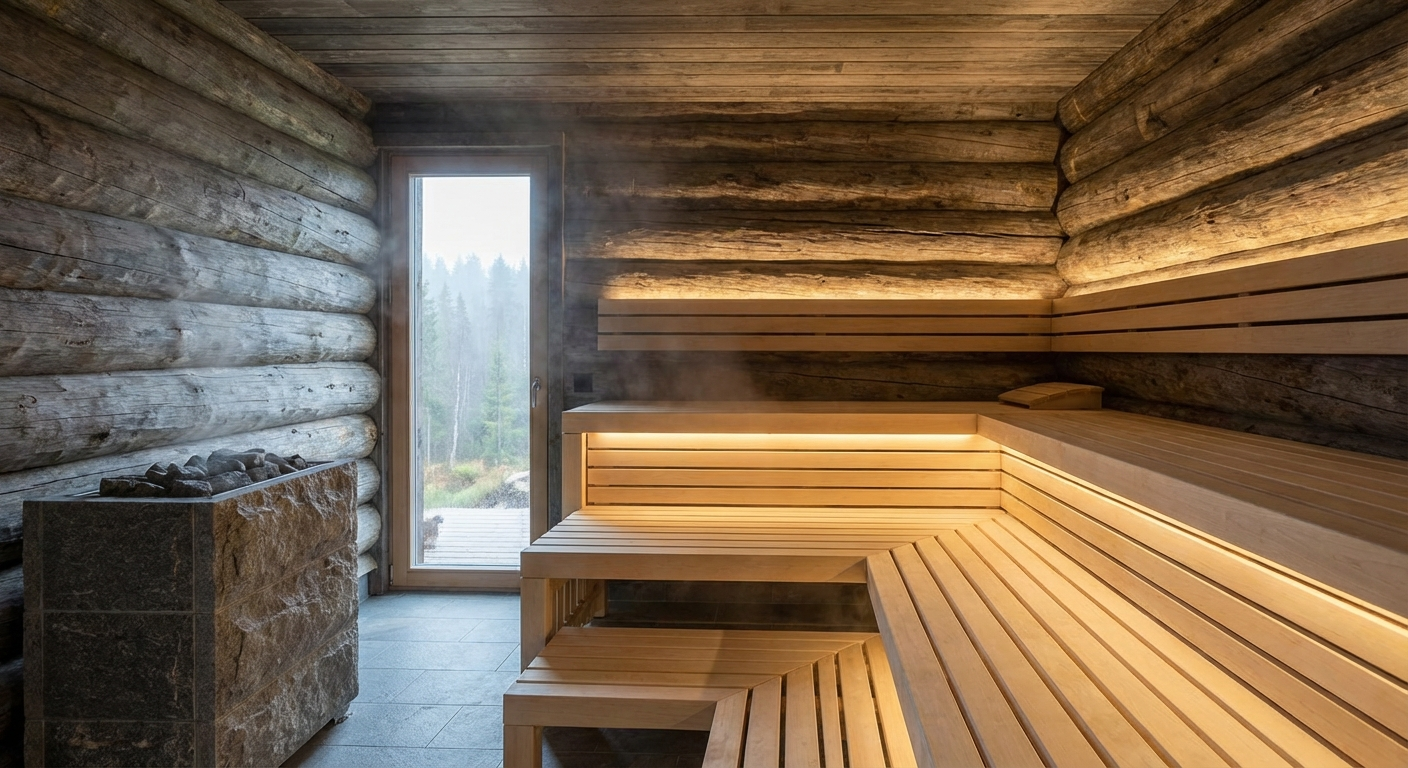 Kelo-Sauna Innenraum — rustikale Holzstämme, Saunabank, Holzofen