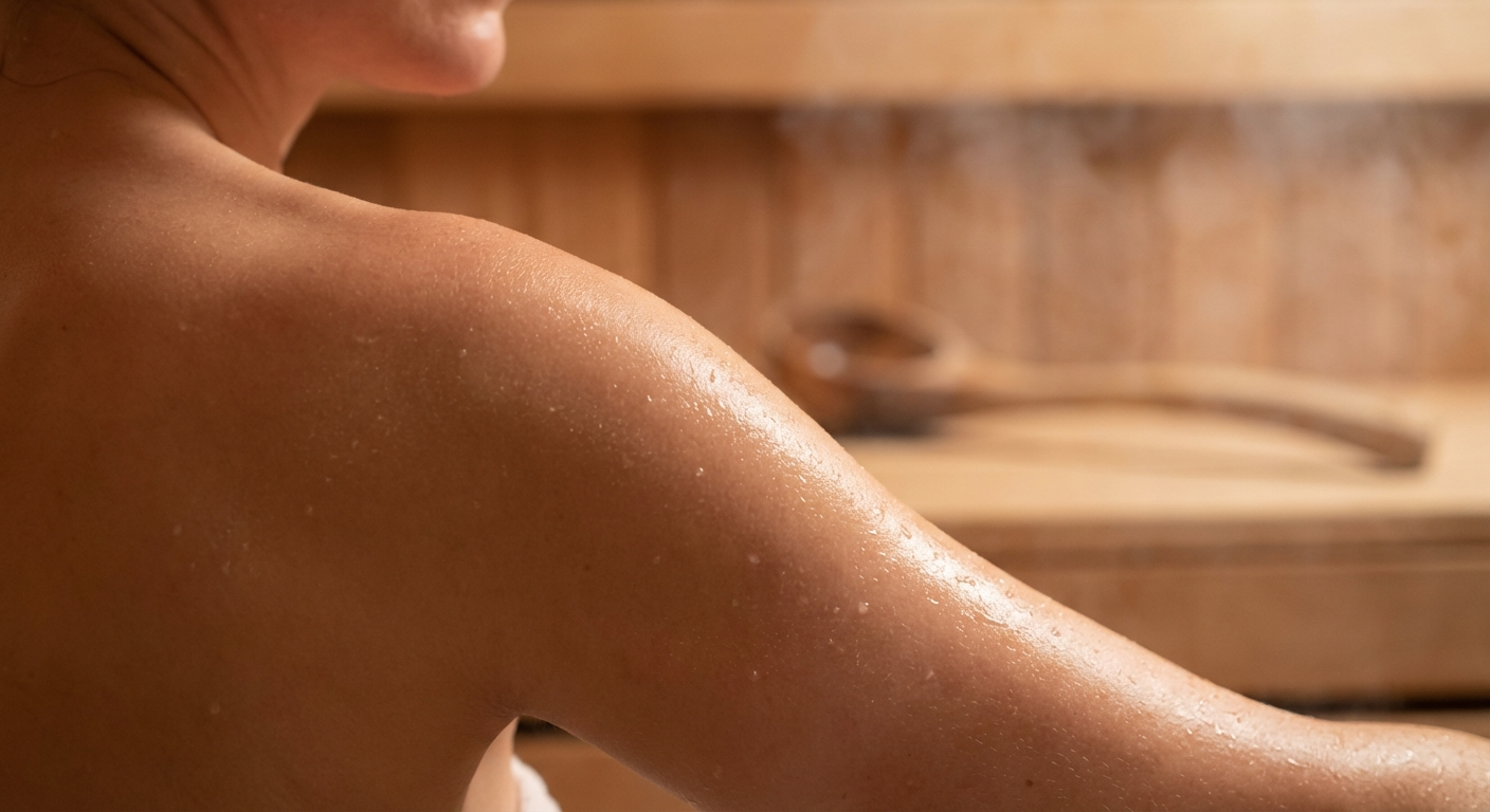 Gesunde, strahlende Haut mit Wassertropfen in warmem Saunalicht