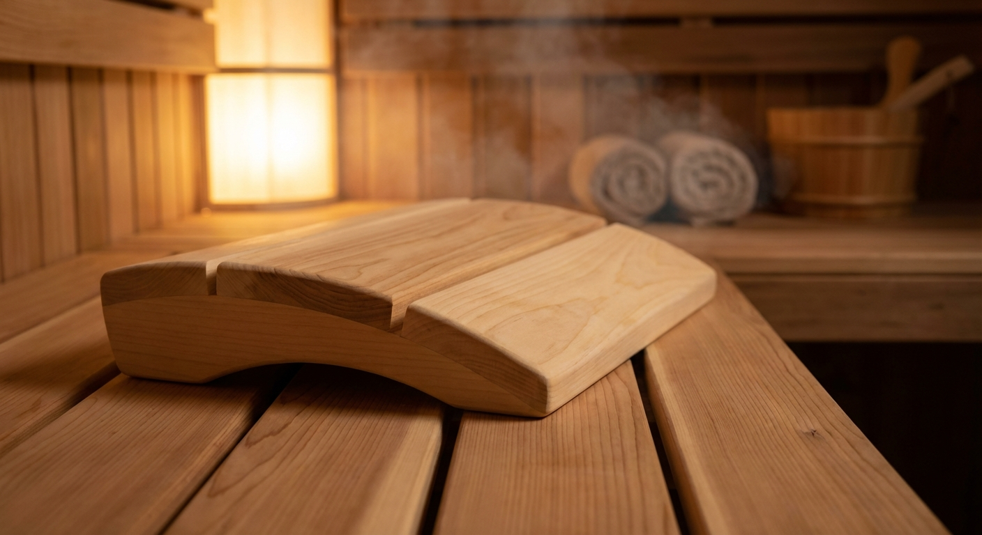 Ergonomische Holz-Kopfstütze auf einer Sauna-Bank aus Zedernholz