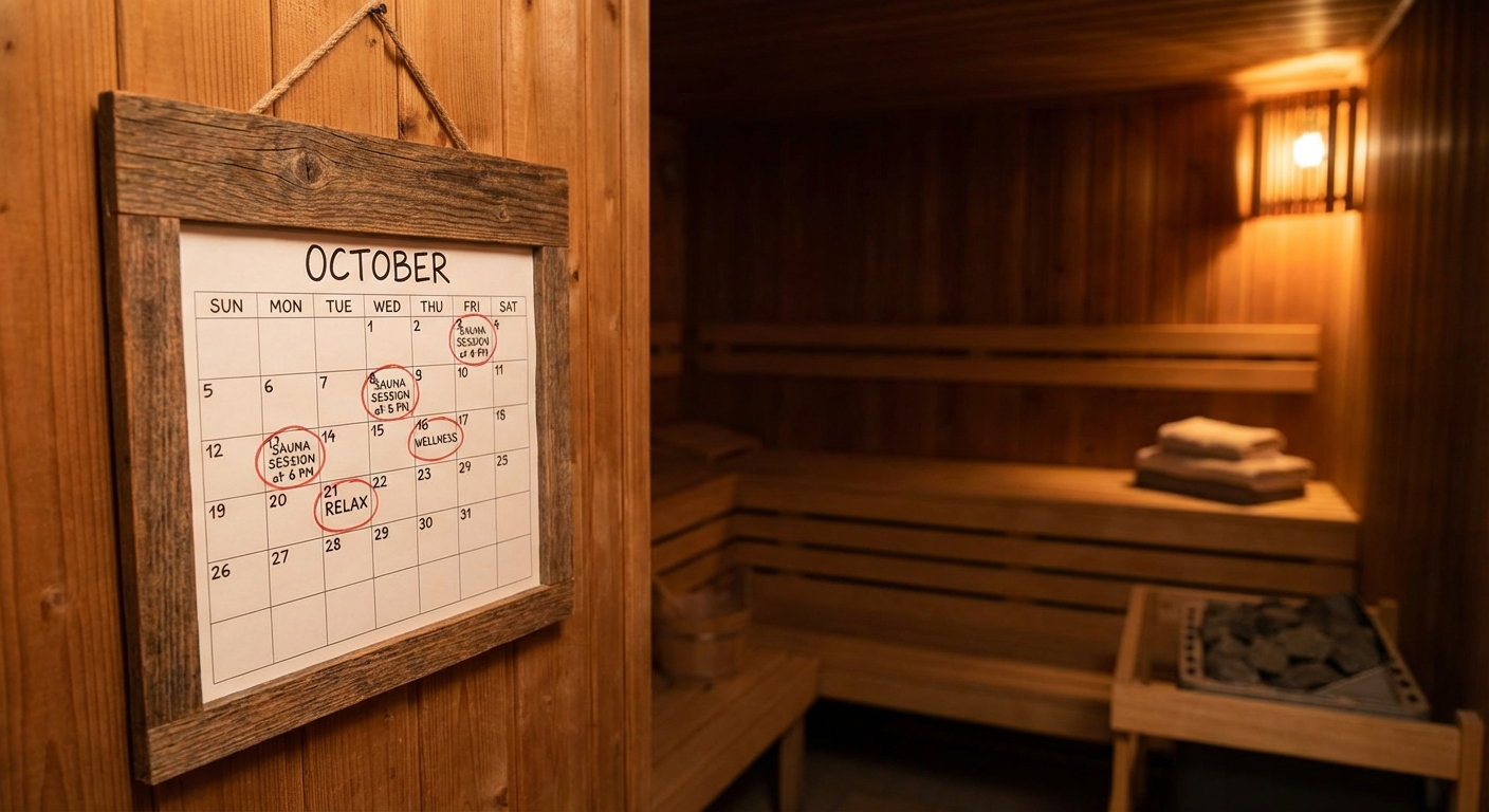 Kalender mit markierten Saunatagen neben einer Holzsauna