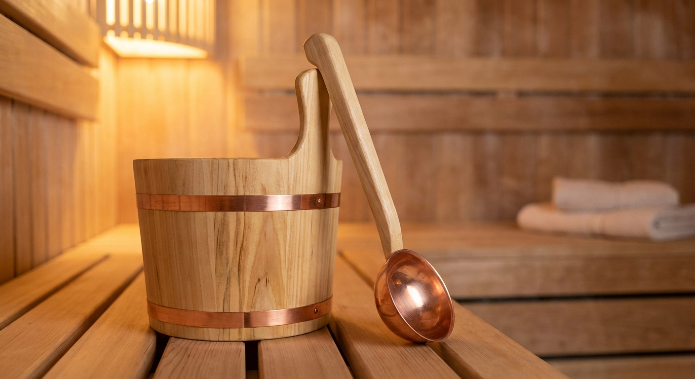 Handgefertigter Saunaeimer aus Holz mit Kupferband und passender Kelle auf einer Saunabank