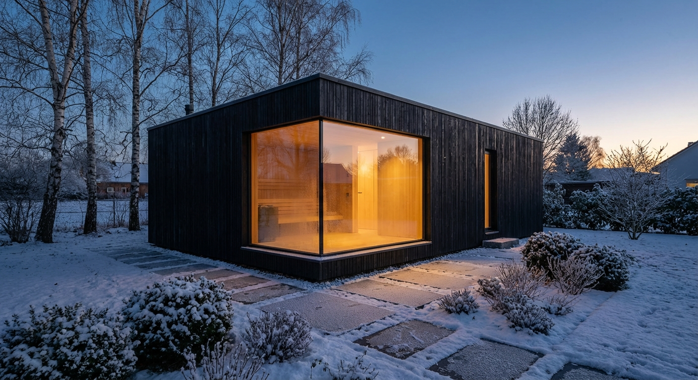 Modernes Saunahaus mit Glasfront im winterlichen Garten