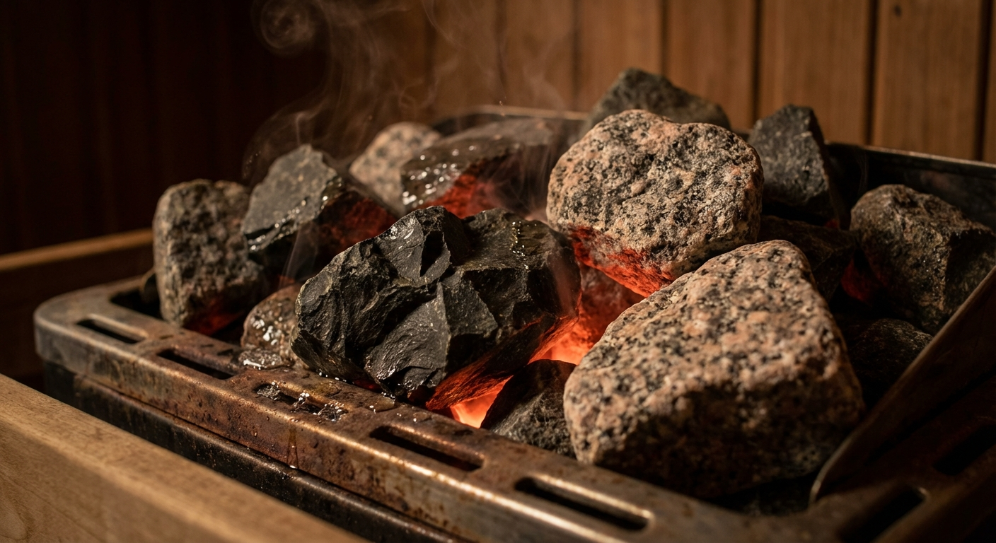 Verschiedene Saunasteine auf einem Saunaofen — Olivin-Diabas, Vulkanit und Speckstein