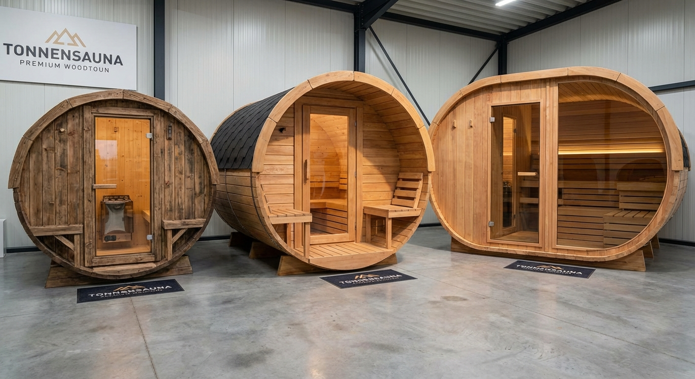 Three different tonnensauna sizes side by side in showroom: small 2-person