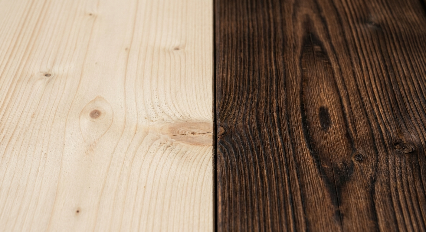 Vergleich von hellem Fichtenholz und dunklem Thermoholz an einer Fasssauna