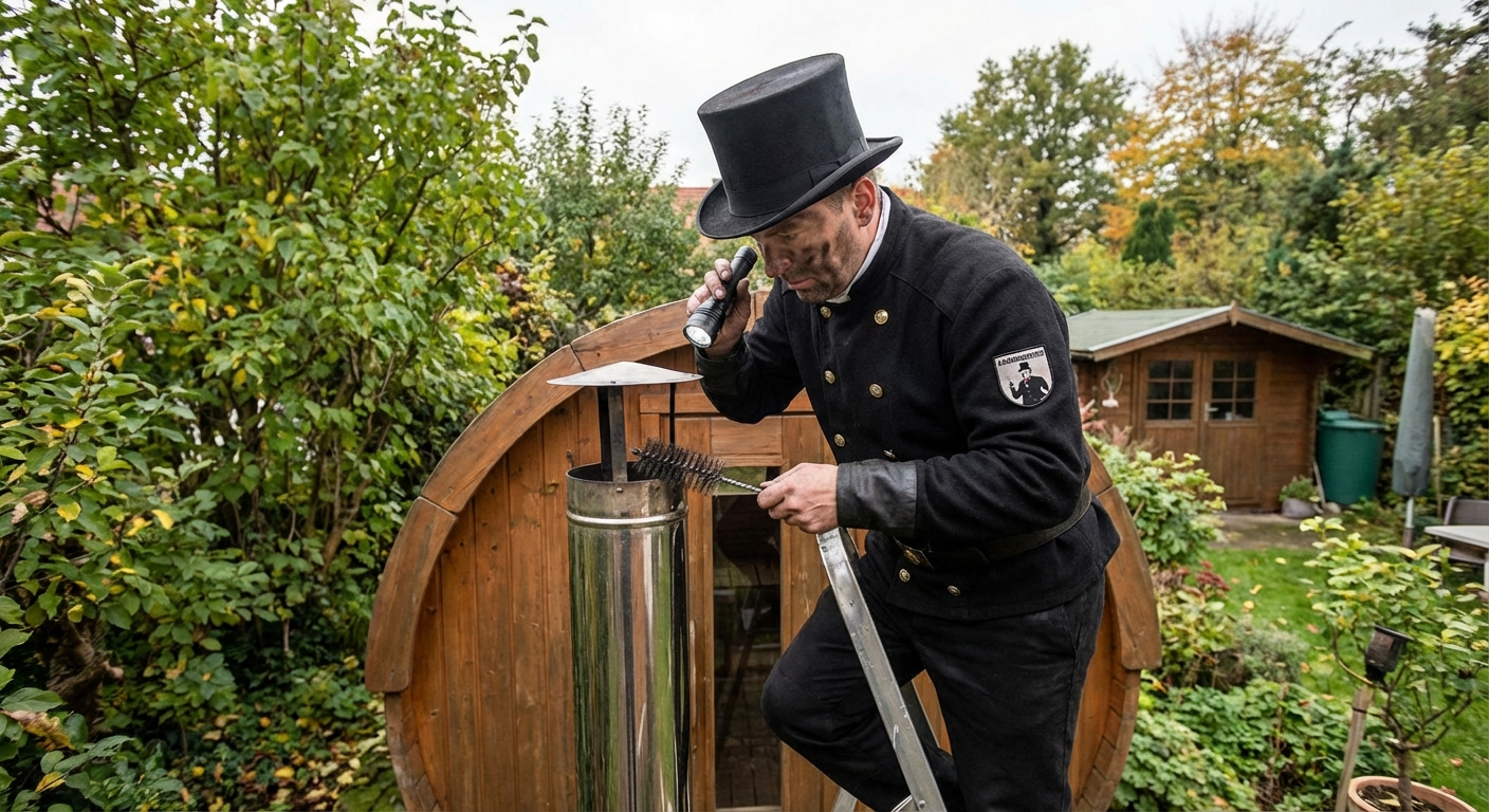 Schornsteinfeger prüft das Rauchrohr einer Fasssauna im Garten