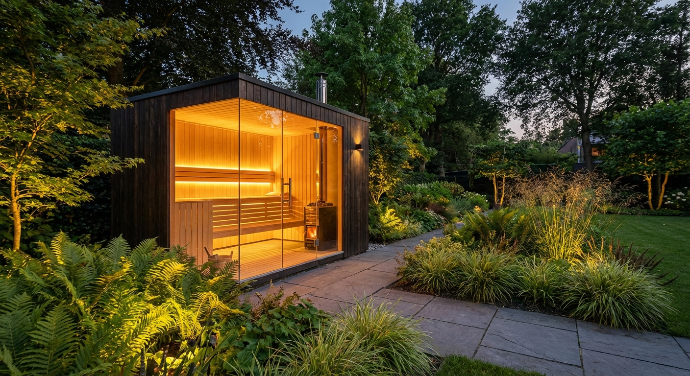 Moderne Gartensauna mit Glasfront in gepflegtem Garten — Abendstimmung